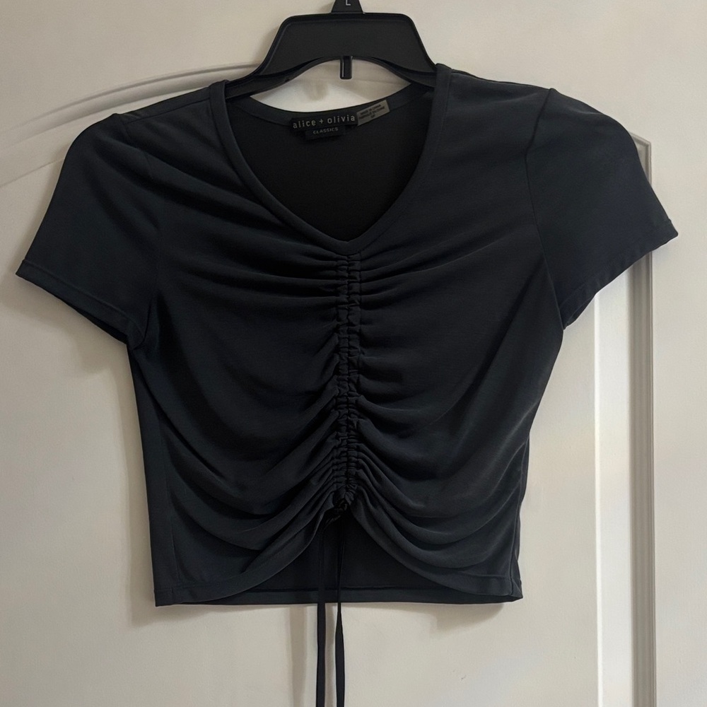 Alice + Olivia Black Ruched Crop Top with V-Neck